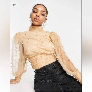 ASOS Luxe Beaded High-Neck Sheer Sleeve CropTop